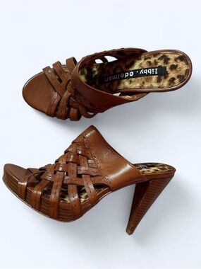 libby. edelman Brown Woven Leather High Heel Mules with Leopard Insole